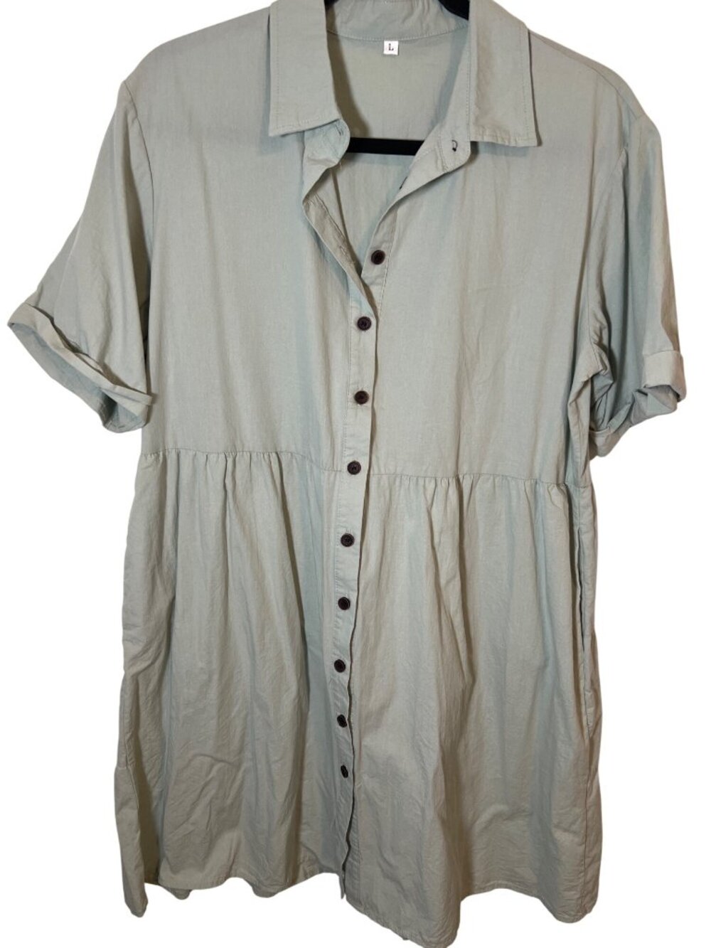 Pretty sage‎ green mini dress tiered skirt size L large cotton